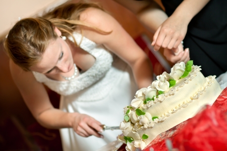 Bride and Groom Cutting the Wedding Cakeの写真素材