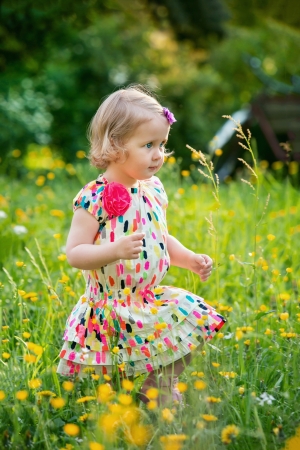 Cute little girl in a meadow full of flowersの写真素材