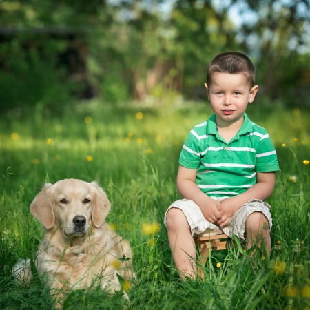 A little boy and his dogの写真素材