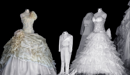 Beautiful wedding dress on a black backgroundの写真素材