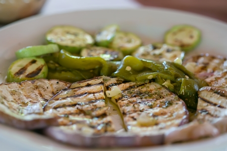 Grilled eggplant, onion, and peppersの写真素材