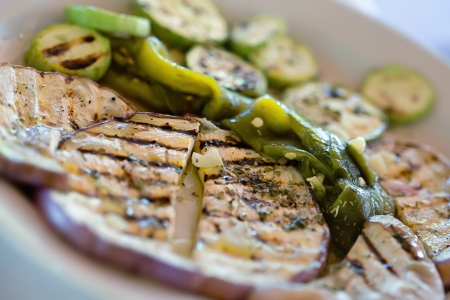 Grilled eggplant, onion, and peppersの写真素材