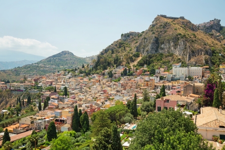 View of one of the most beautiful cities in Sicily - Taorminaの写真素材