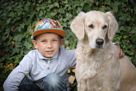 little cute boy playing with his dog in the parkの写真素材