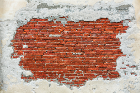 Old Vintage Red Brick Wall With Sprinkled White Plaster Texture Backgroundの写真素材