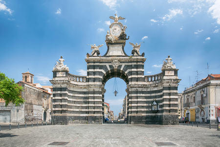 CATANIA, Sicily, ITALY - JUL 25, 2016: The arch Giuseppe Garibaldi (was built to honor the Spanish King Ferdinand I.) of Catania , is a triumphal arch built in 1768のeditorial素材