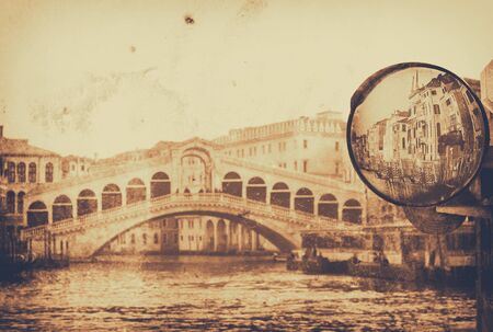 Vintage postcard with architecture on grungy paper, old Rialto Bridge, Venice, Italyの写真素材