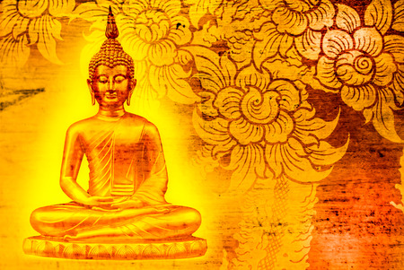 Buddha gold statue on golden background patterns Thailand.の写真素材