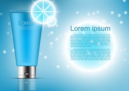 Cosmetic product mock up template Blue tube with white bokeh on blue backgroundのイラスト素材