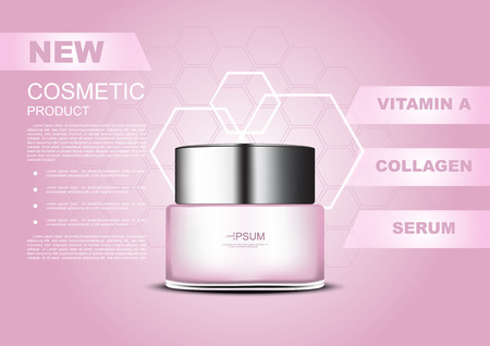 Pink cosmetic product with template and ingredients on hexagon backgroundのイラスト素材
