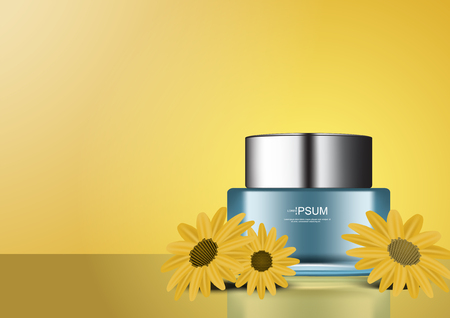 Herbal face cream with sunflowers on yellow backgroundのイラスト素材