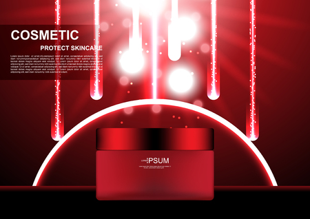 Cosmetic cream with red comets and lights on red background vector cosmetic adsのイラスト素材