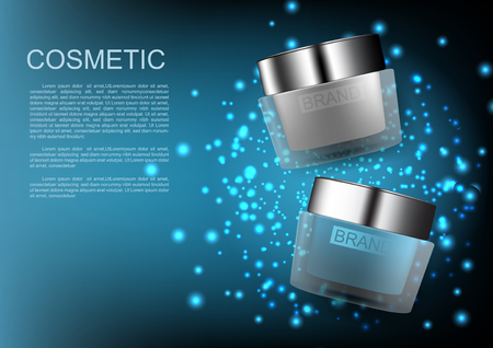 Cosmetic products and template on blue shimmering lights background Vector cosmetic adsのイラスト素材