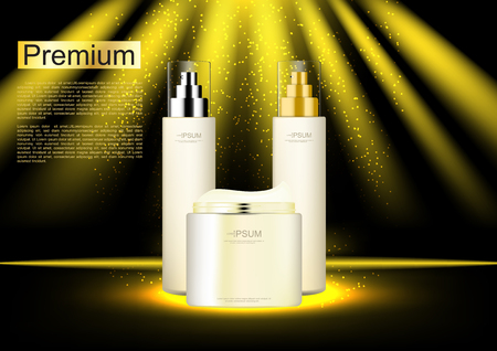 Cosmetic set with template and golden shining ray light on black backgroundのイラスト素材