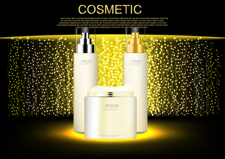 Vector cosmetic ads cosmetic products and template on golden waterfall lightsのイラスト素材