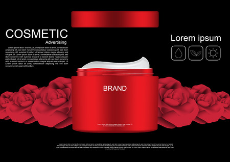 Opened cream with roses and icons on black background vector cosmetic adsのイラスト素材