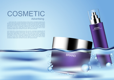Floating purple cosmetic products with small bubbles, can be used for packaging or brochure page collectionのイラスト素材