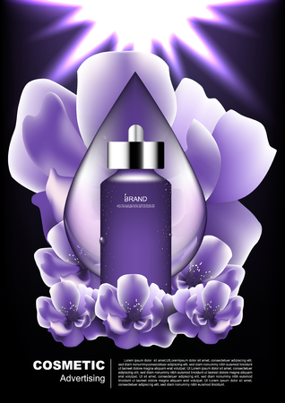Night serum with water drop and blooming flowers on dark background and shining light vector purple cosmetic collection.のイラスト素材