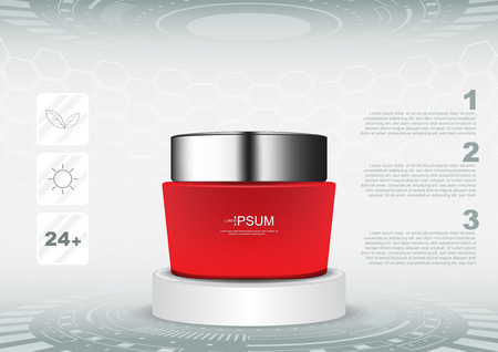 Red cosmetic cream on futuristic stand with 3 icons vector cosmetic adsのイラスト素材