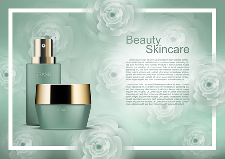 Beauty cosmetic ads.Nnight cream and serum with shining light on green flowers backgroundのイラスト素材