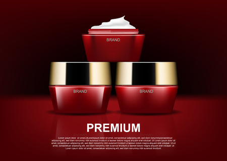 Beauty cosmetic ads, opened red cosmetic cream on dark background concept designのイラスト素材