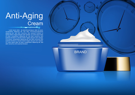 Beauty cosmetic ads, anti-aging cream with four clocks Time stop and blue conceptのイラスト素材