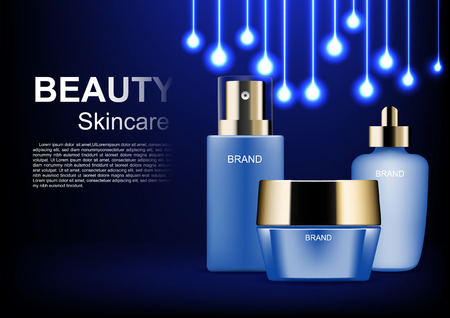 Beauty cosmetic ads, cosmetic set with blue lights and template on dark backgroundのイラスト素材