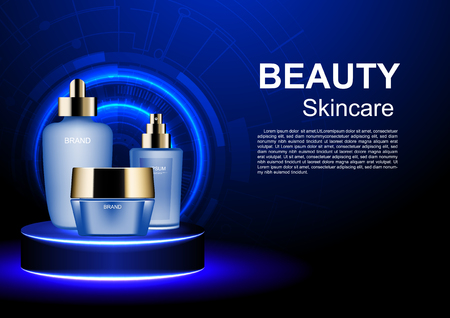 Cosmetic set on stand with blue circles and template on dark blue background.のイラスト素材