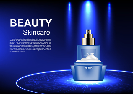 Opened cream and serum with spotlight on blue background vector cosmetic adsのイラスト素材