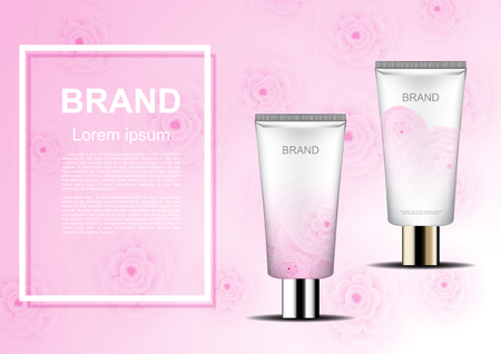 Cosmetic ads template, Beauty cosmetic tube serum, moisturizer on pink camellia backgroundのイラスト素材