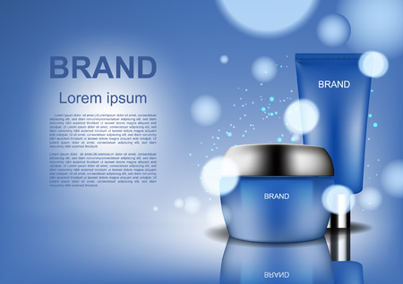 Cosmetic ads template, cosmetic set With small bubble light and Bokeh on blue backgroundのイラスト素材