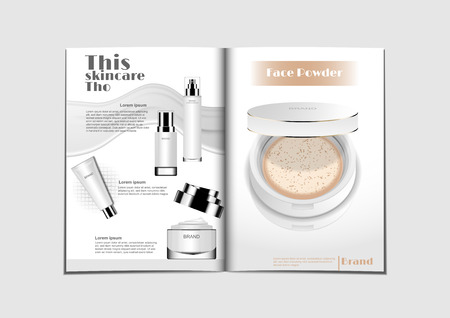 Cosmetic magazine. Serum and cream with milk on the left and pressed powder foundation on the rightのイラスト素材