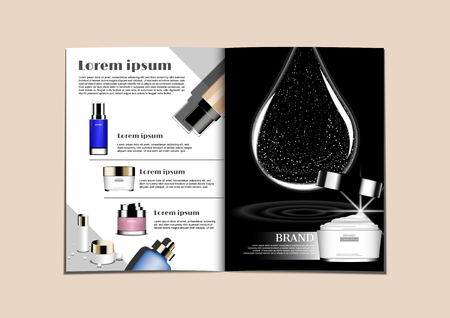 Cream and serum on black and white pages with big water drop and template for advertisement or magazineのイラスト素材