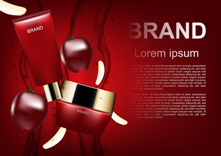Beauty cosmetic ads, red cosmetic set and apple on red backgroundのイラスト素材