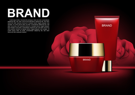 Beauty cosmetic ads template, red cosmetic set with red roses on dark backgroundのイラスト素材