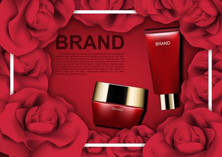 Beauty cosmetic ads, red cosmetic with roses on red background and white frame, top viewのイラスト素材