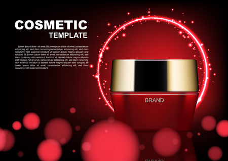 Cosmetic ads template, red cosmetic cream with circle red light and small glitter lightsのイラスト素材