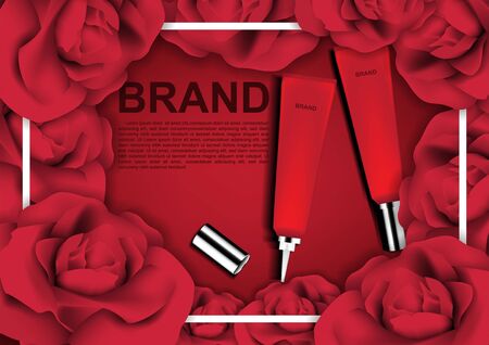 Beauty cosmetic ads, red cosmetic tube with roses on red background and white frameのイラスト素材