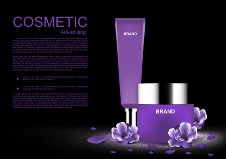 Beauty cosmetic ads, Cosmetic products with purple flowers on dark backgroundのイラスト素材
