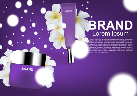 Beauty cosmetic ads, purple cosmetic set and white blooming flowers on purple backgroundのイラスト素材