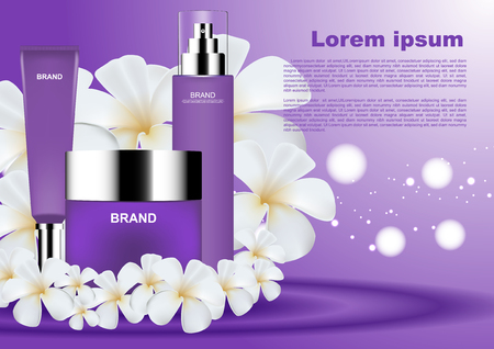 Beauty cosmetic ads, purple cosmetic set with white blooming flowers and bokeh on purple backgroundのイラスト素材
