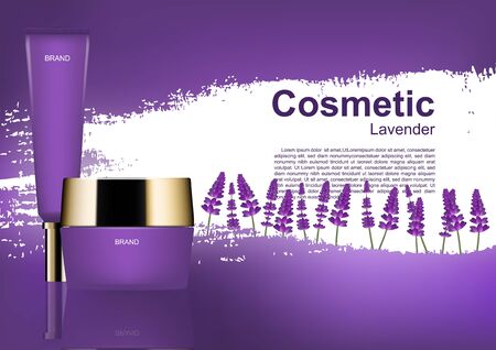 Beauty cosmetic ads, cosmetic set and lavender field on purple backgroundのイラスト素材