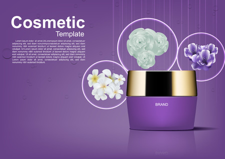 Cosmetic ads template. Night cream with three flowers on purple backgroundのイラスト素材