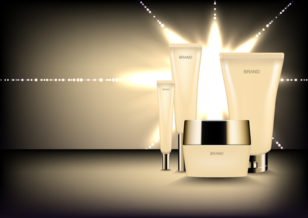 Cosmetic ads template, skincare set with abstract glowing light on dark beige colorのイラスト素材