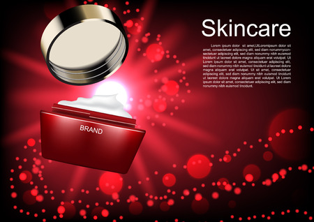 Cosmetic ads template, opened cream with white flashing light and red bubblesのイラスト素材