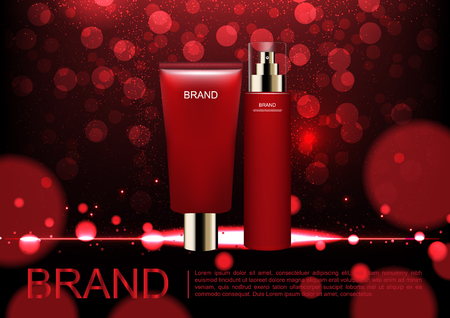 Cosmetic ads template, red bokeh and small glitter light with cosmetic set on dark backgroundのイラスト素材