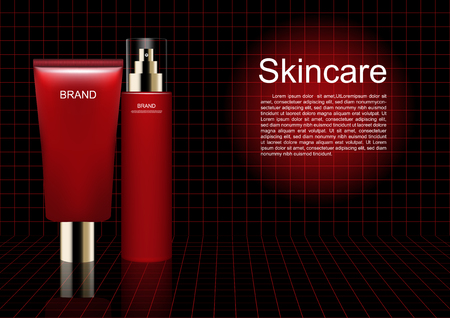 Cosmetic advertisement template with containers for skin care products in red.のイラスト素材