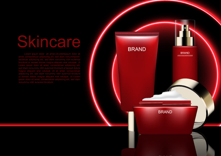 Cosmetic advertisement template with containers for skin care products in red.のイラスト素材