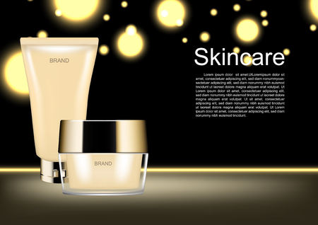 Cosmetic ads template, skincare set on gold bubble lights backgroundのイラスト素材