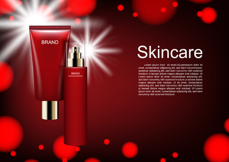 Cosmetic ads template, skincare set on red bubble lights backgroundのイラスト素材